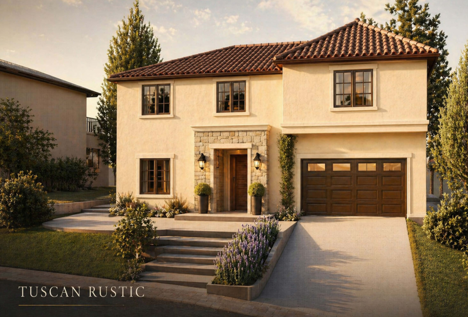 Tuscan Rustic luxury home exterior at Chronovia in Escondido California